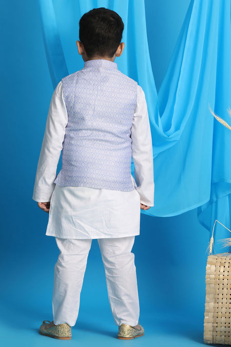 VASTRAMAY Lavender Woven Jacket With White Kurta and Pyjama Baap Beta Set